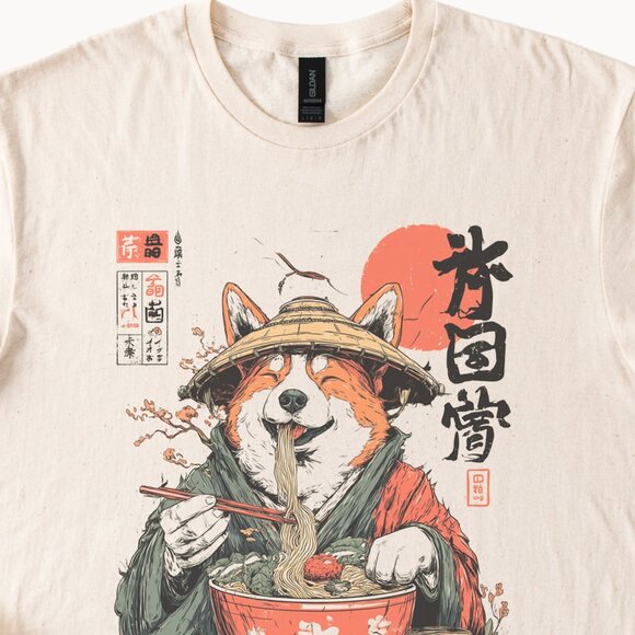 Corgi Ramen Noodle T Shirt Japanese Dog Eating Soup Graphic Tee Kawaii Art - Picture 2 of 6